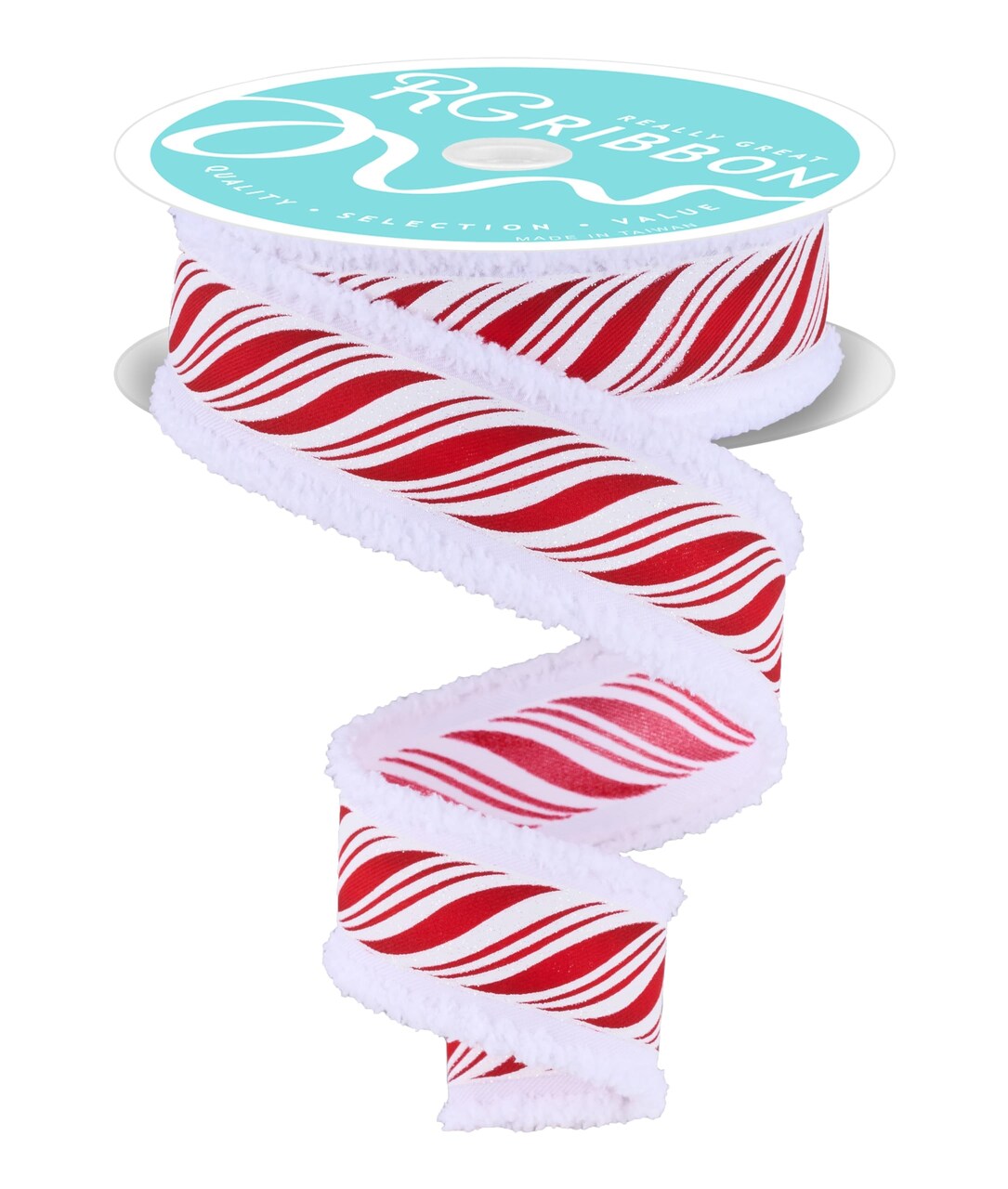 RG Ribbon: 1.5" Peppermint Twist Wired Ribbon with Fuzzy Drift Edges - 10 Yards - Red, White - For Bows, Wreaths, Crafts and Christmas Decorations
